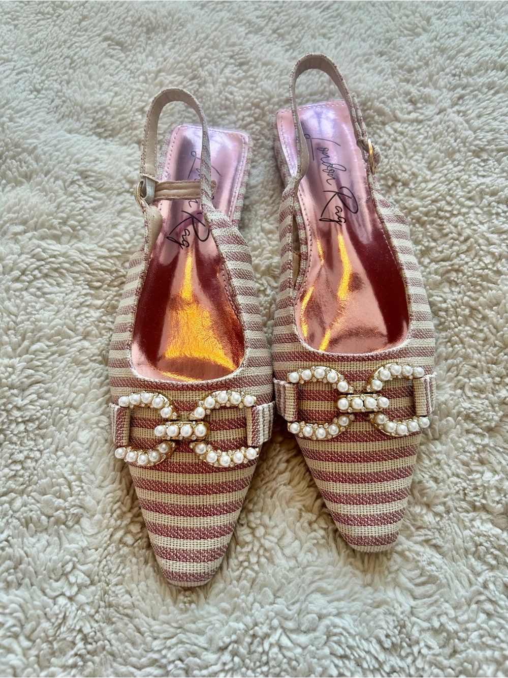 Pearl-Buckle Striped Slingback Flats in Pink and Cream